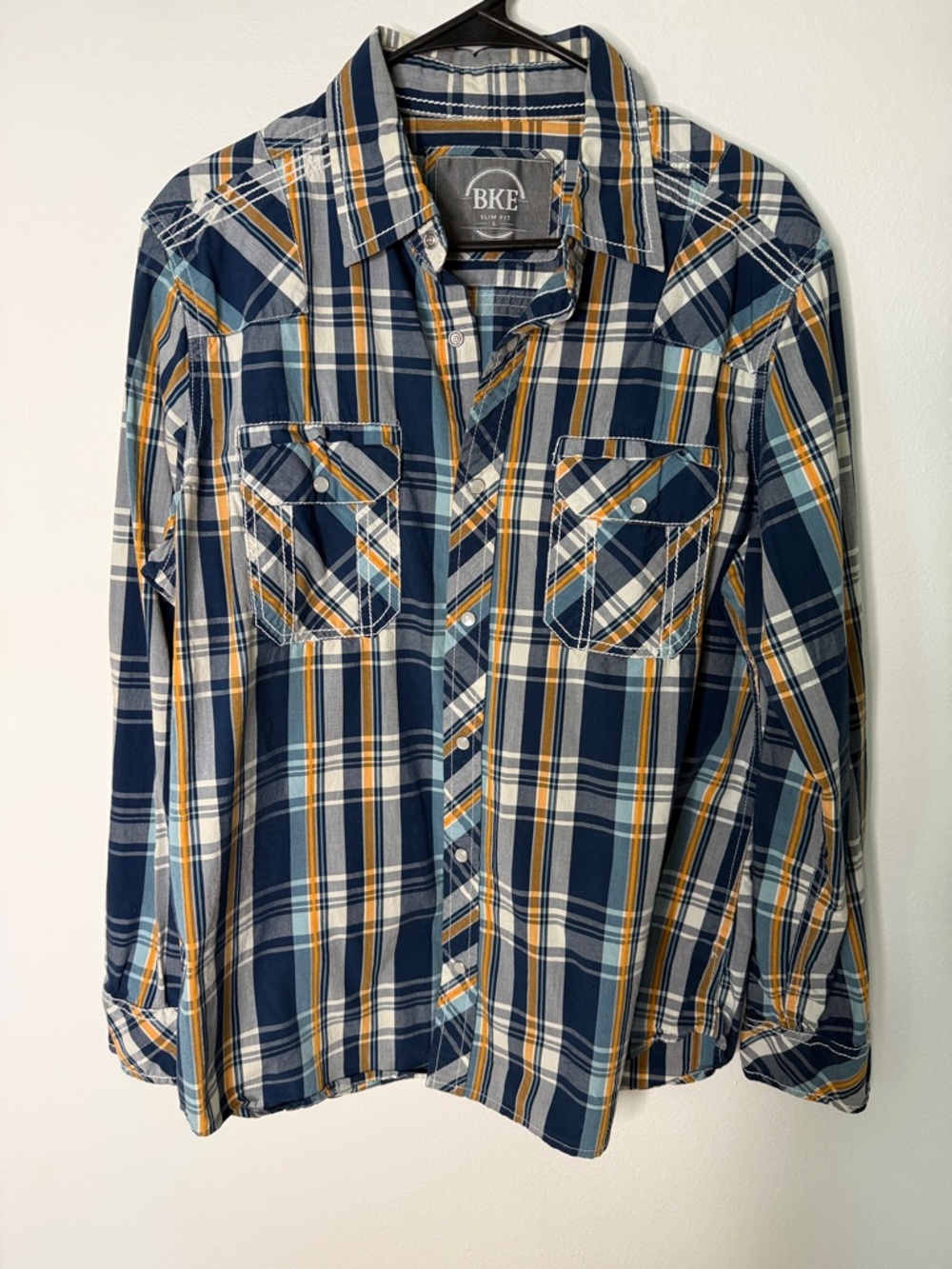 BKE Slim Fit Plaid Pearl Snap Shirt Men’s Size L Long Sleeve Western
